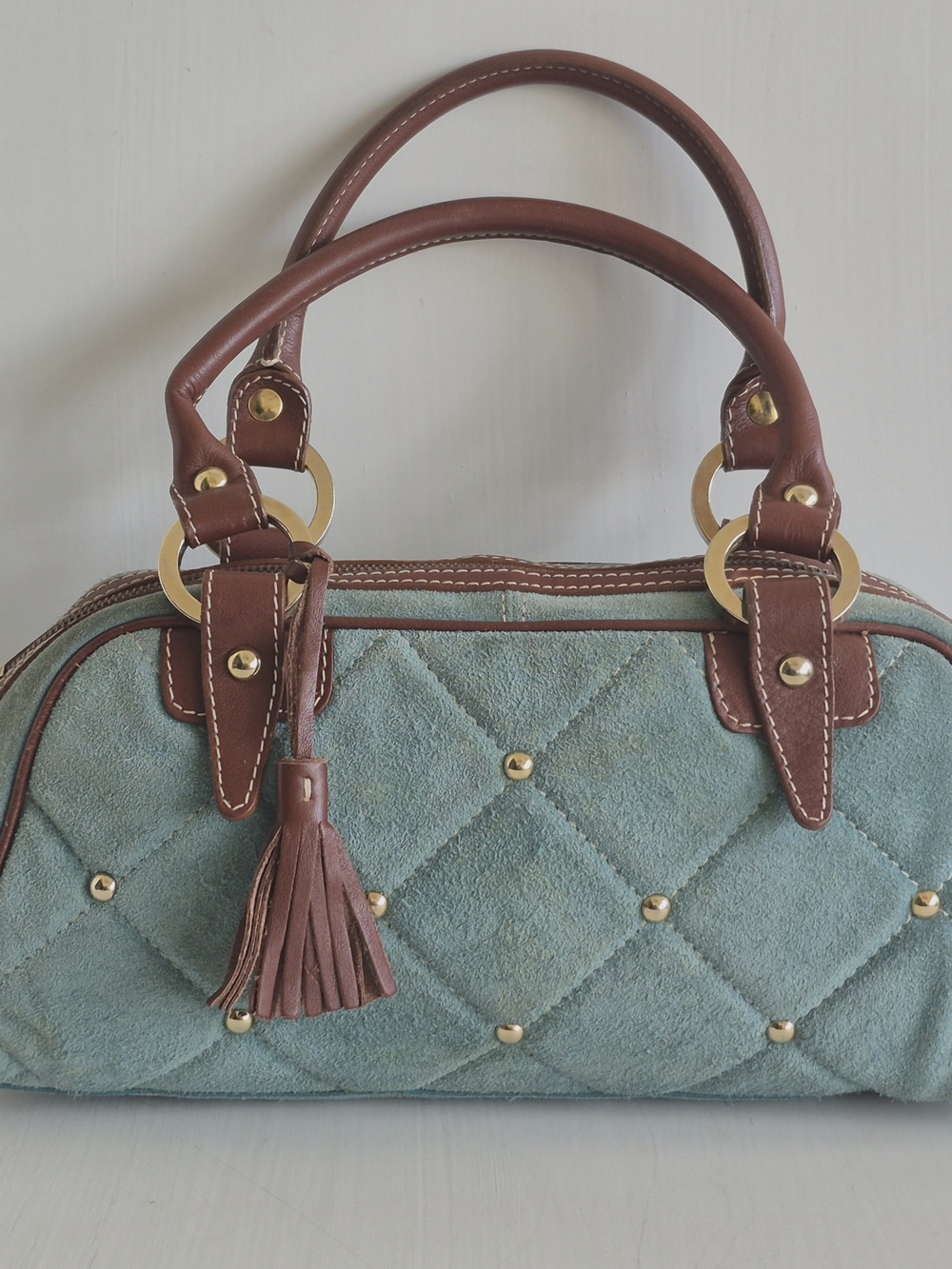 Claudua Firenze Teal Suede Stud Accents Medium Satchel with Brown Leather Trim